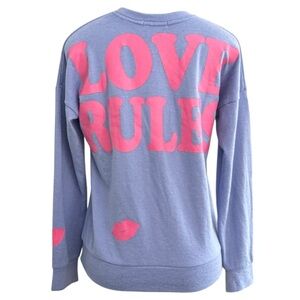 P.J SALVAGE Baby Blue “LOVE RULES” Spell Out Pink Lips Long Sleeve Pajama Top XS